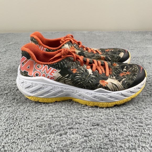 Hoka One One Shoes - Hoka One One Clayton Shoes Womens 7.5 Orange Floral Running Sneakers Kona 2016